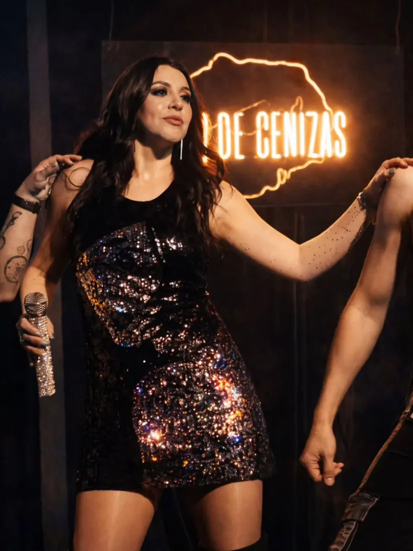 Crystal con vestido de lentejuelas en el escenario