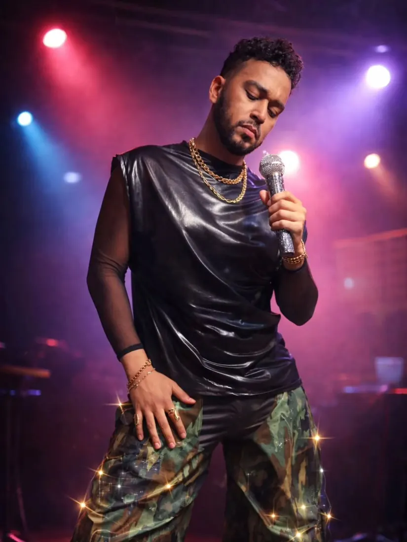 Juan cantando con playera metálica y cadenas doradas