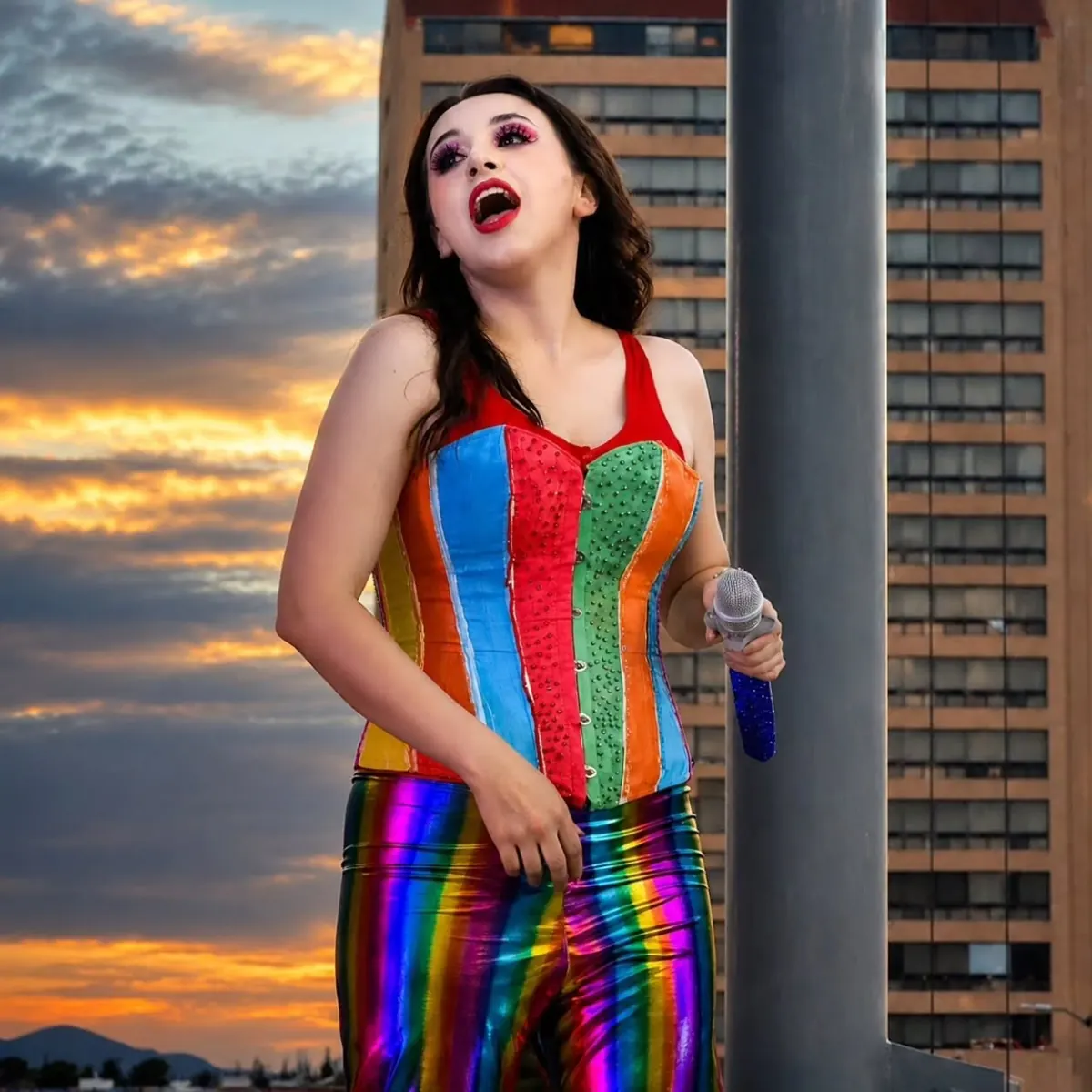 Vocalista con vestuario de rayas arcoíris al atardecer